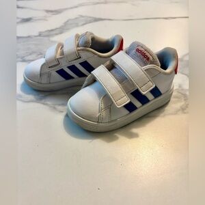 Adidas Kids White Sneakers with Blue Stripes